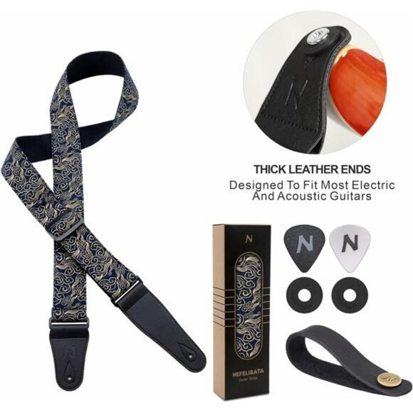 Adjustable Cotton Guitar Strap with Picks Locks Leather Ends Gift Set - Picture 6 of 7